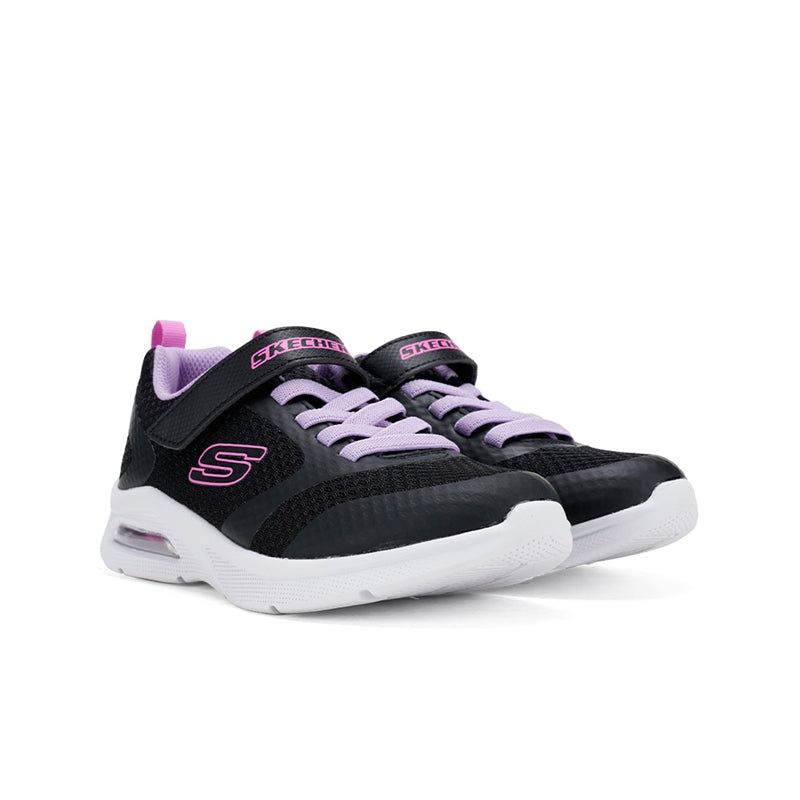 Kids black sneakers with lavender laces and S logo, white midsole with air window