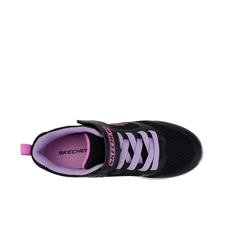 Kids black sneaker close-up with lavender laces, open collar, and purple interior lining