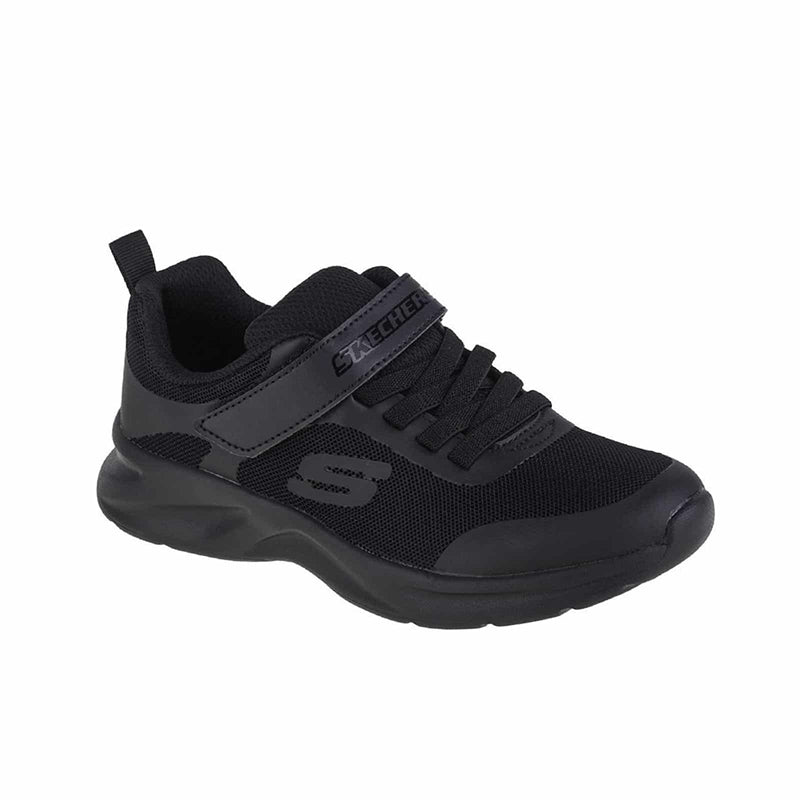 Girl's black Skechers sneakers with mesh upper, lace-up front, padded collar