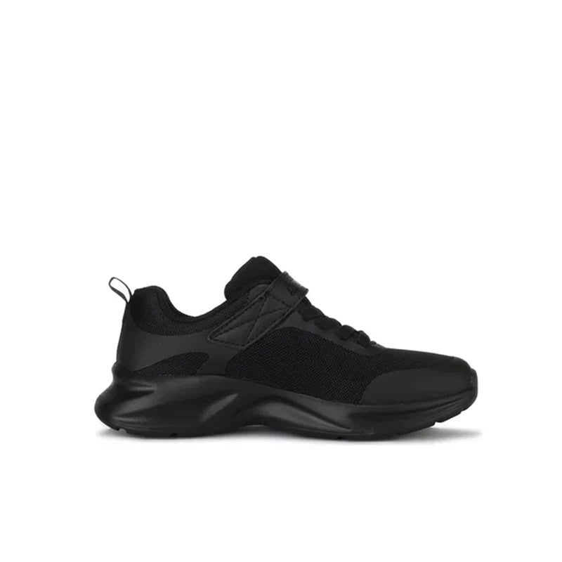 Girl's black Skechers sneakers, side view with sculpted outsole and lace-up closure