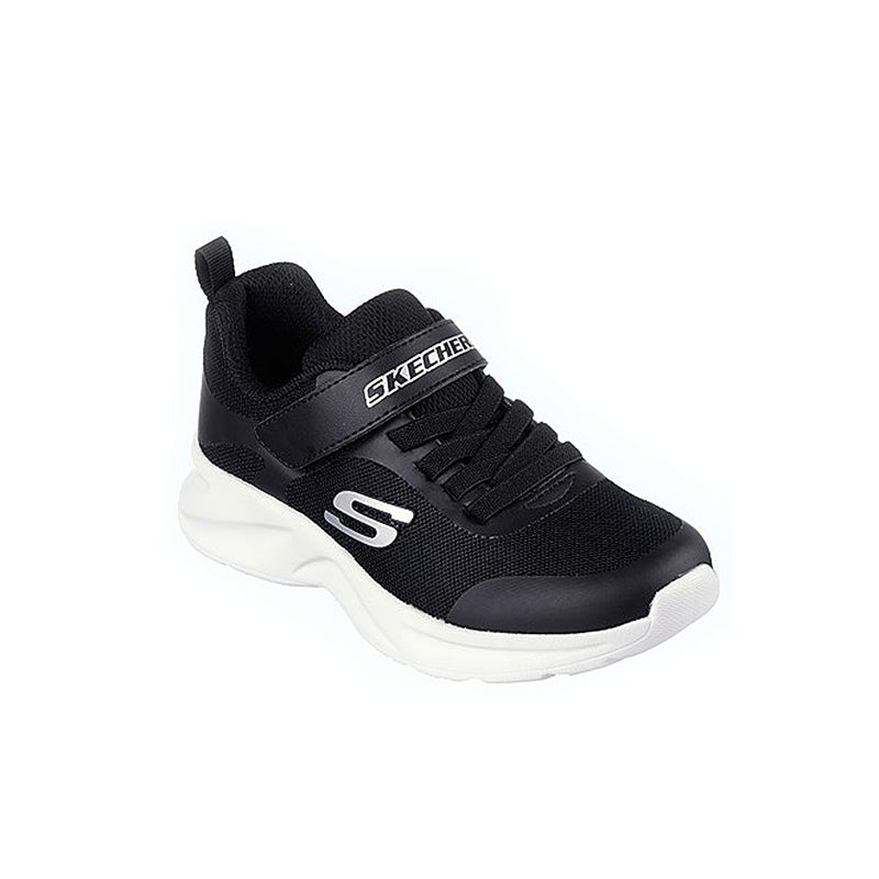 Girl's black Skechers sneakers with white midsole, mesh upper, hook-and-loop strap