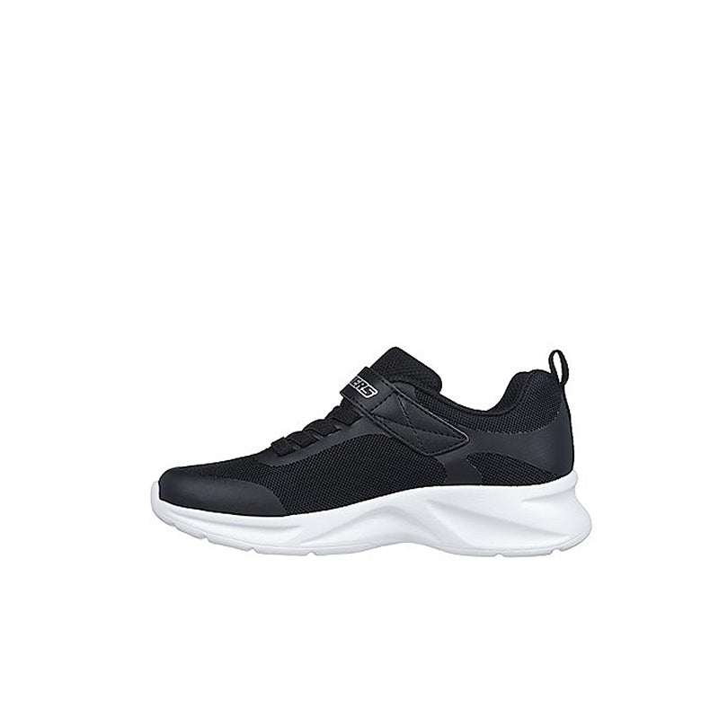 Girl's black Skechers sneakers with white midsole, low profile, lace-up and strap