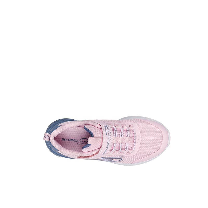 Girls' pink sneakers showing interior and lace-up closure with blue heel panel