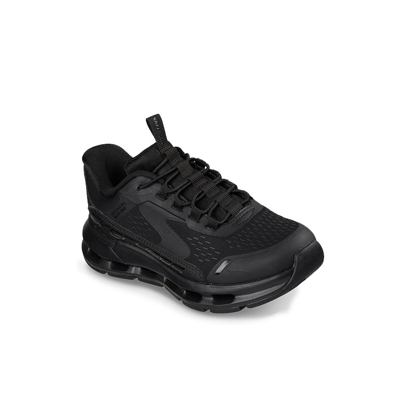 Girls' lace-up sneakers in solid black with textured upper and chunky tread sole
