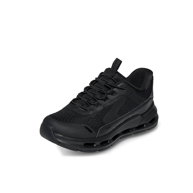 Girls' lace-up sneakers in solid black with textured upper and air-cushioned sole