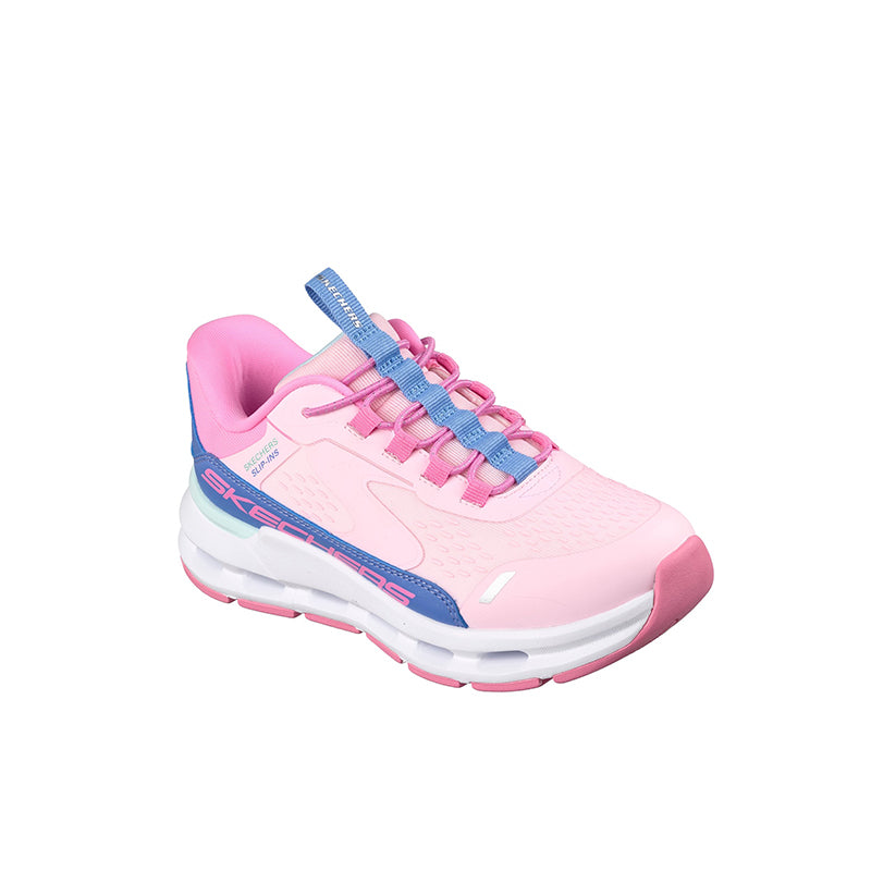 Skechers girl's pink slip-on sneakers with blue laces, cushioned sole