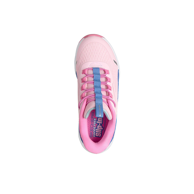 Girl's pink sneakers with blue striped lacing and padded toe