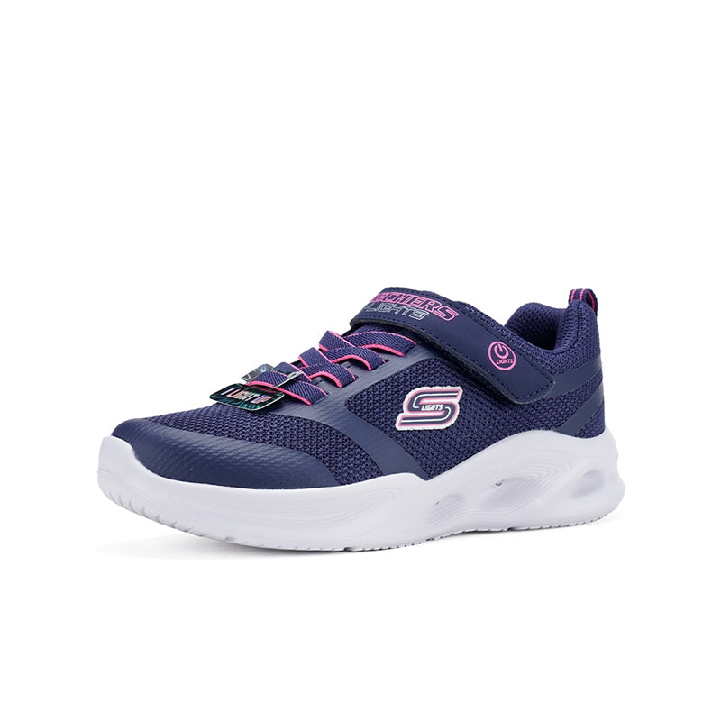 Navy girls mesh sneakers with side logo, multicolor eyelets, and white outsole