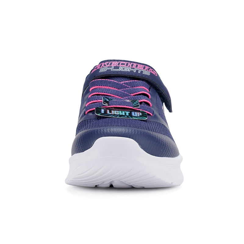 Navy girls sneakers with light-up style tongue panel and pink lace-up design