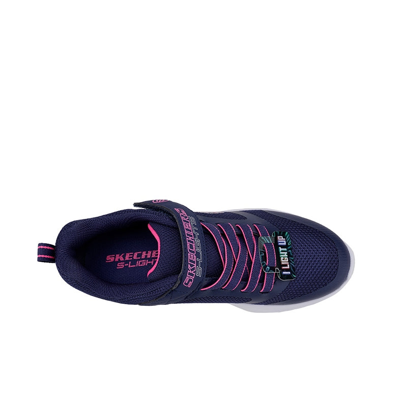 Navy girls sneakers with cushioned collar, pink laces, and textured white sole