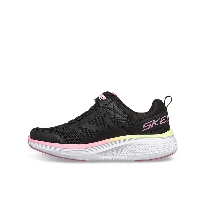Girls black low-top sneakers with pink logo strap, cushioned white sole
