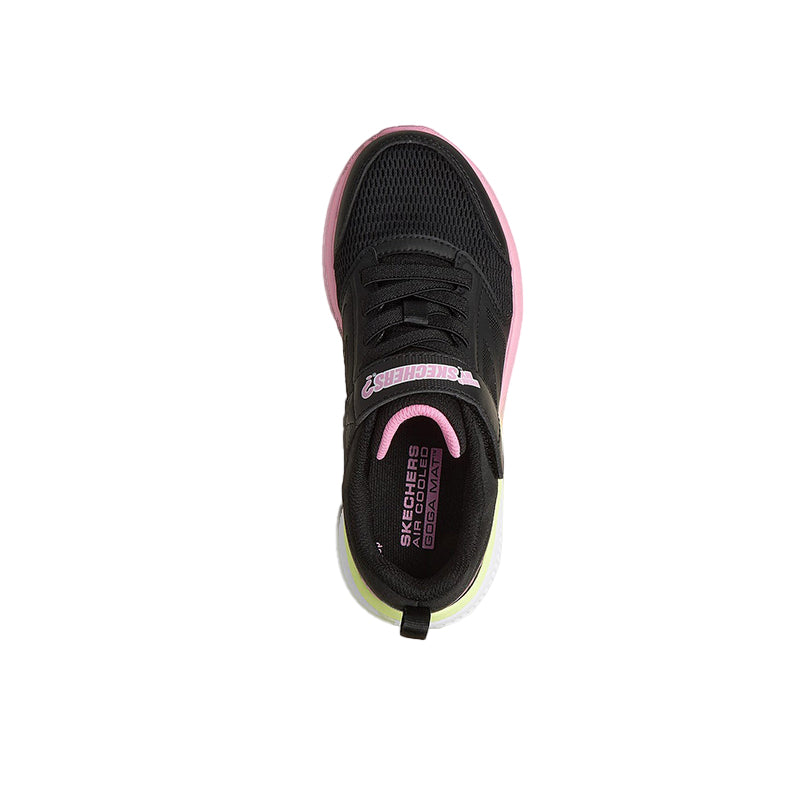 Girls black sneaker with pink-trim collar, padded tongue, textured sole