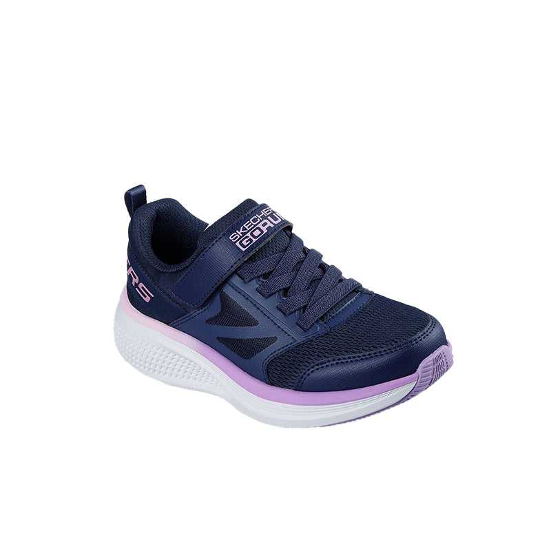 Girls navy sneakers with purple accents, hook-and-loop strap, cushioned white sole
