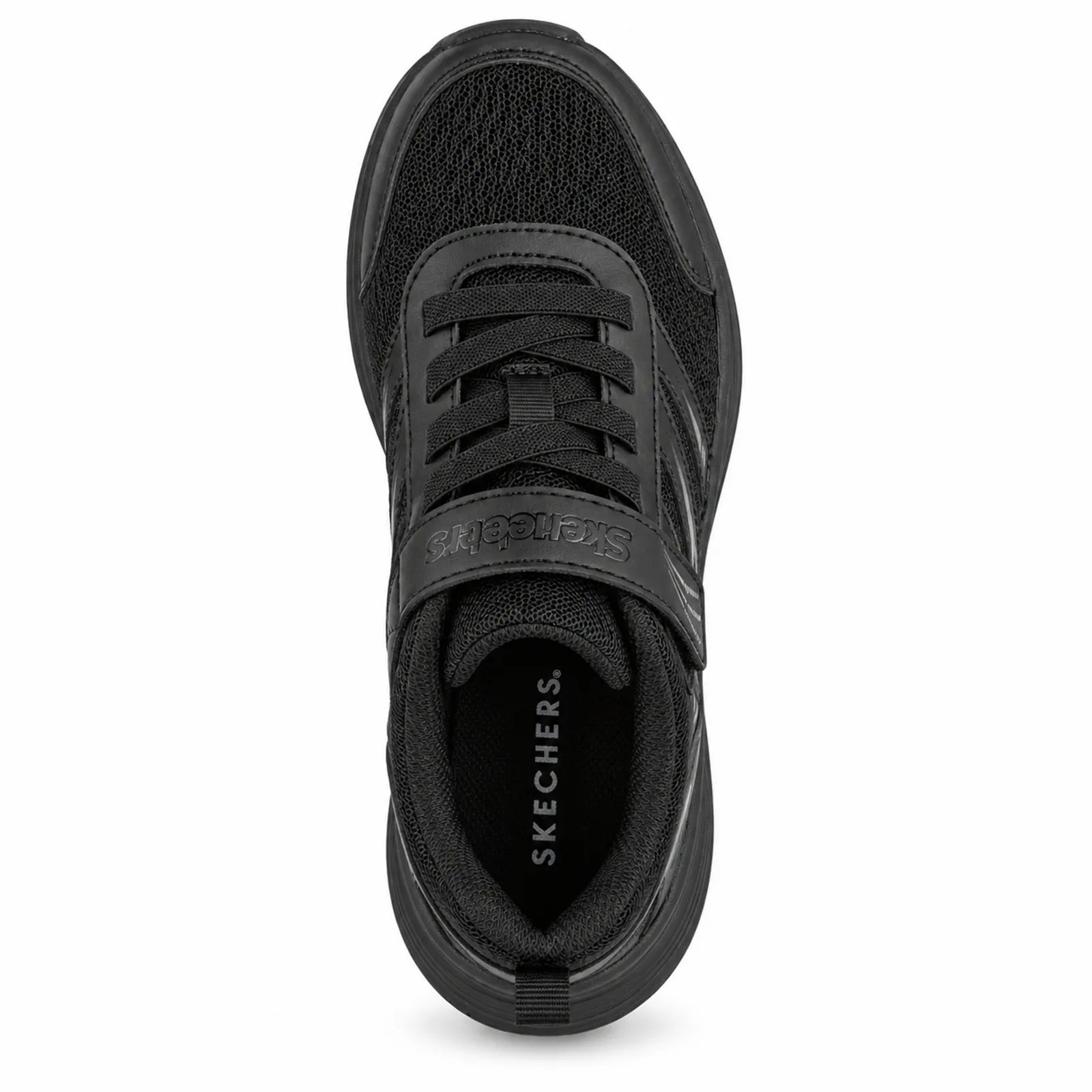 Side angle view of Skechers Streamline girls black mesh trainers