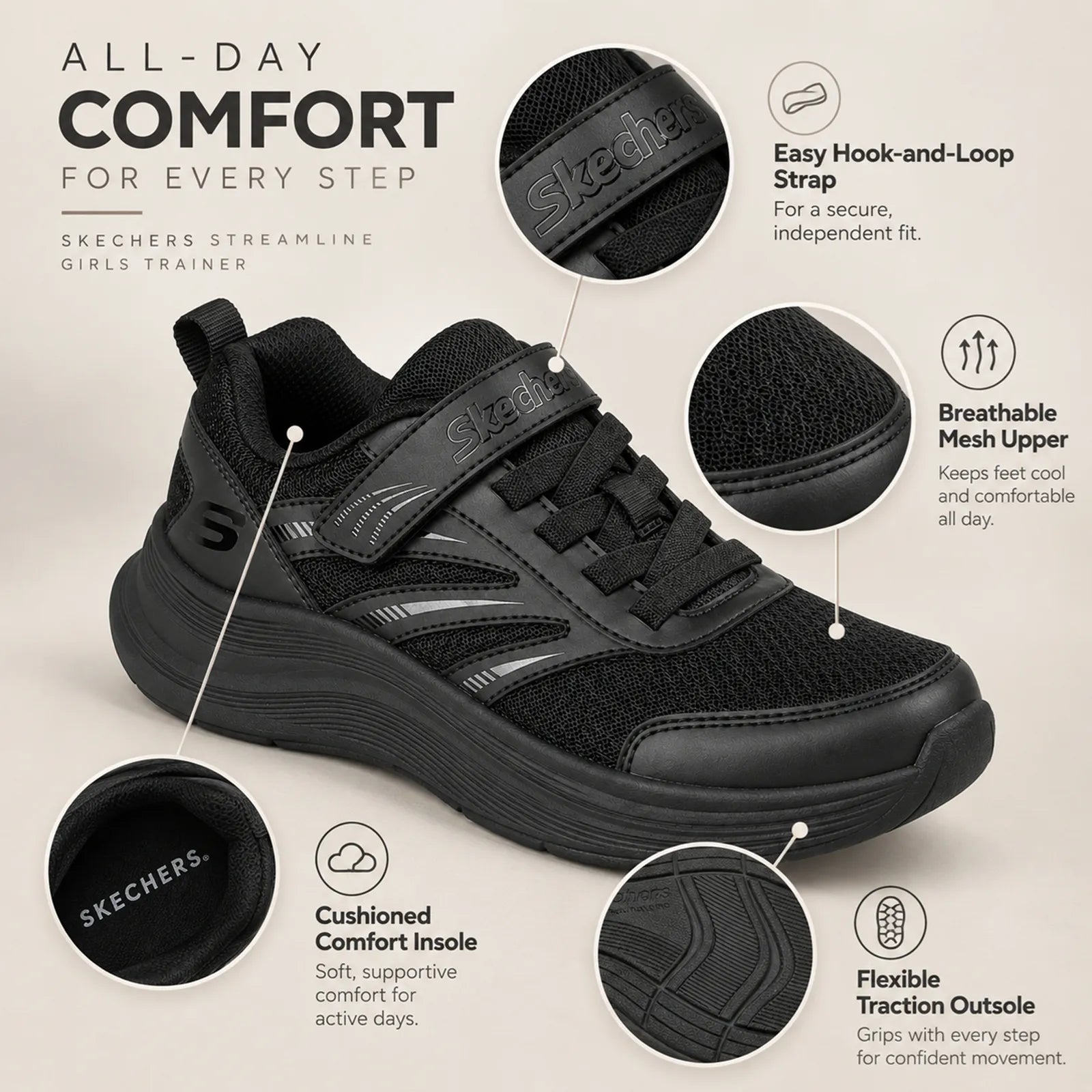 Close-up detail of Skechers Streamline black trainer with hook-and-loop strap