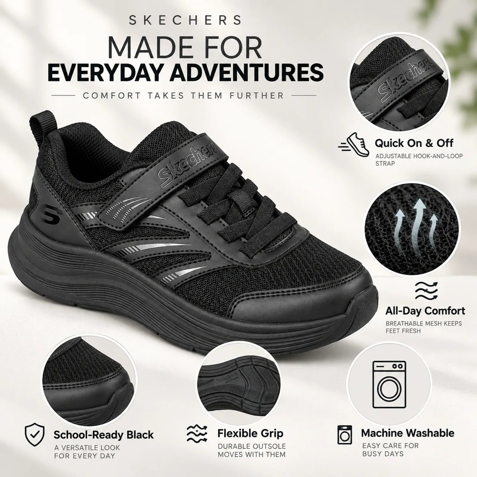 Skechers girls black trainers with cushioned insole and flexible traction outsole