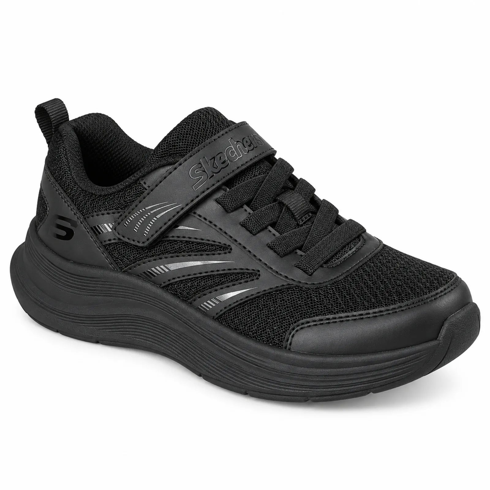 Skechers Streamline girls black trainer with adjustable strap and stretch laces