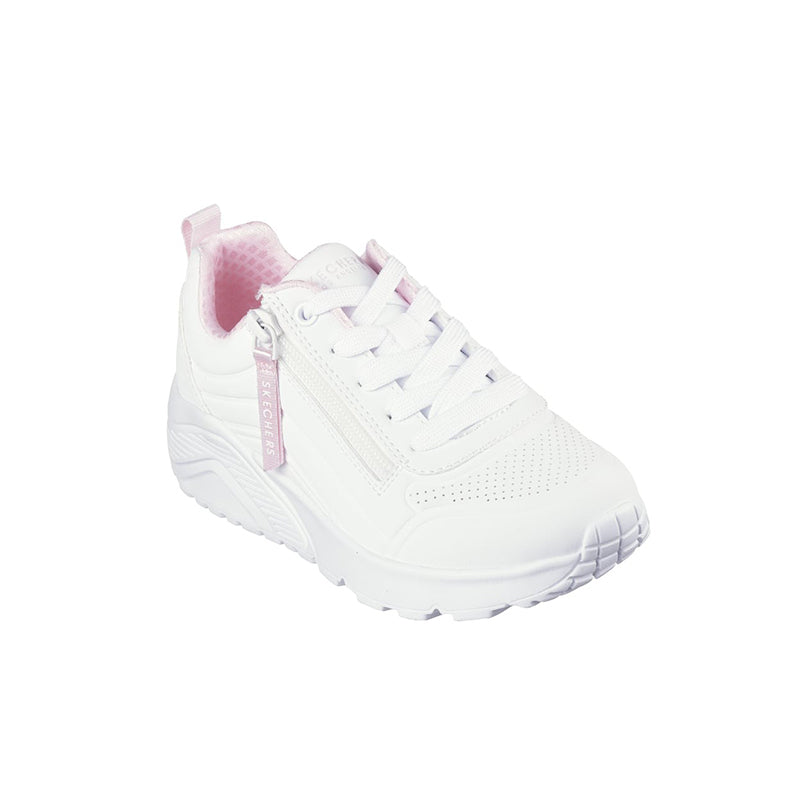 White girl’s sneakers with pink zip accent and lace-up front, cushioned chunky sole