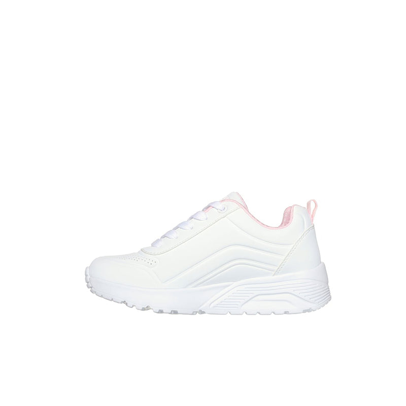 White girl’s sneakers with pink lining accents and stitched side panels, chunky sole