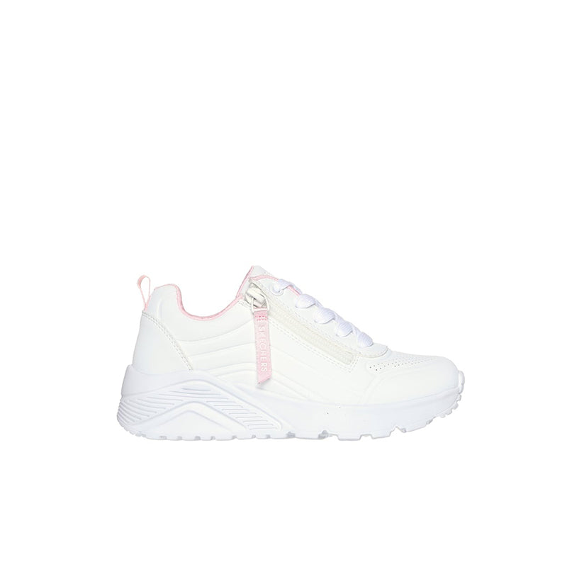 White girl’s sneakers with pink zip tab, lace-up design, textured outsole