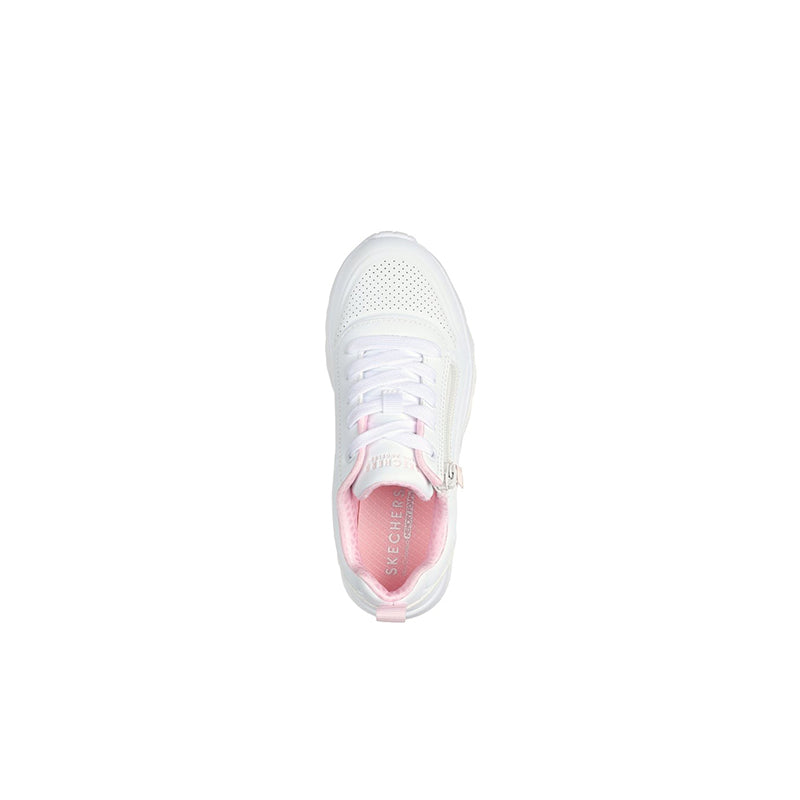 White sneaker showing interior with pink lining and lace-up closure, cushioned sole