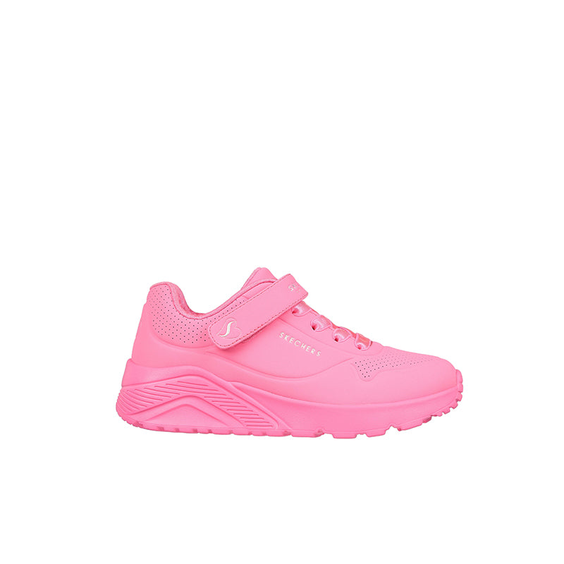 Girl's pink casual sneakers, angled side view with padded collar and strap