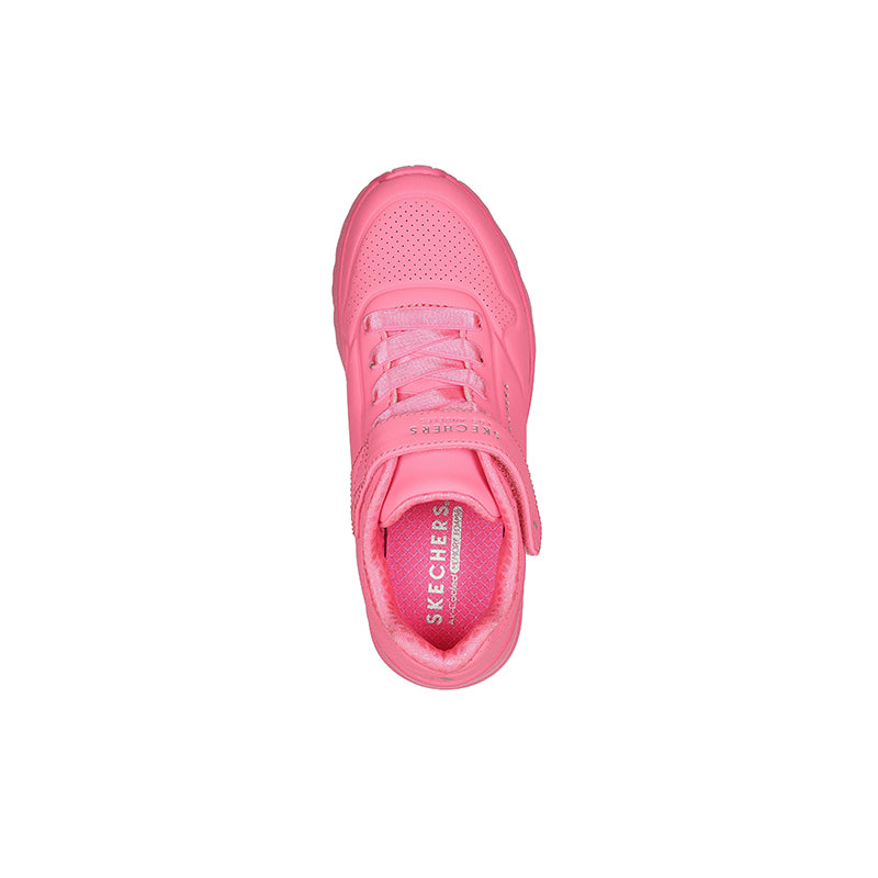 Girl's pink casual sneakers, top-down view of closed-toe and hook-and-loop strap