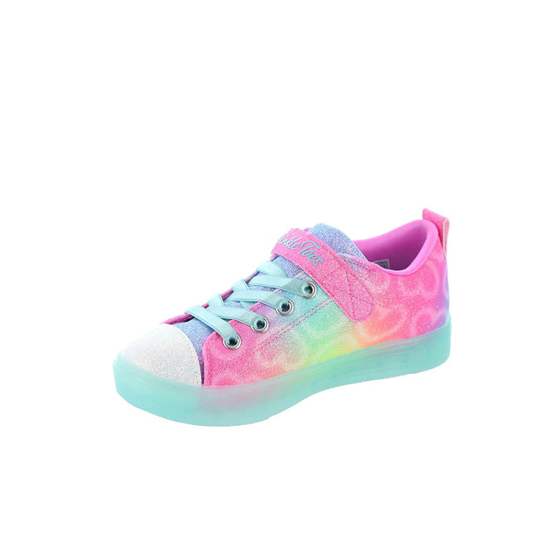 Children's low-top sneakers, side view, pink and aqua multicolor glitter, lace-up