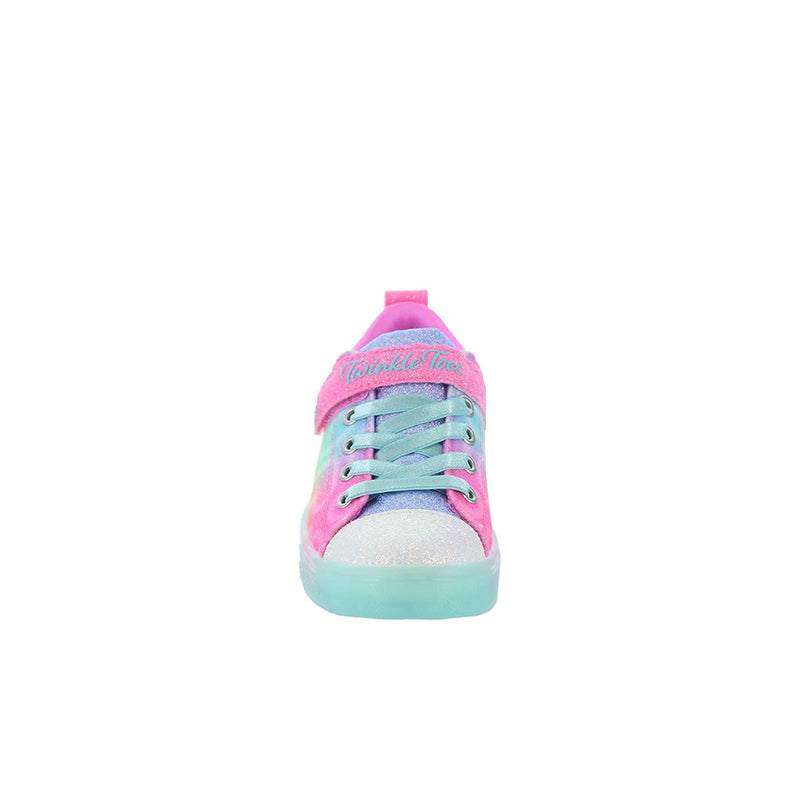 Children's low-top sneakers, pink and aqua glitter upper, lace-up, light blue sole