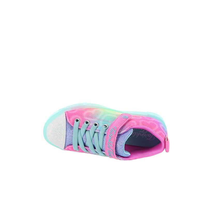 Children's low-top sneakers, pink interior, glitter toe, teal laces