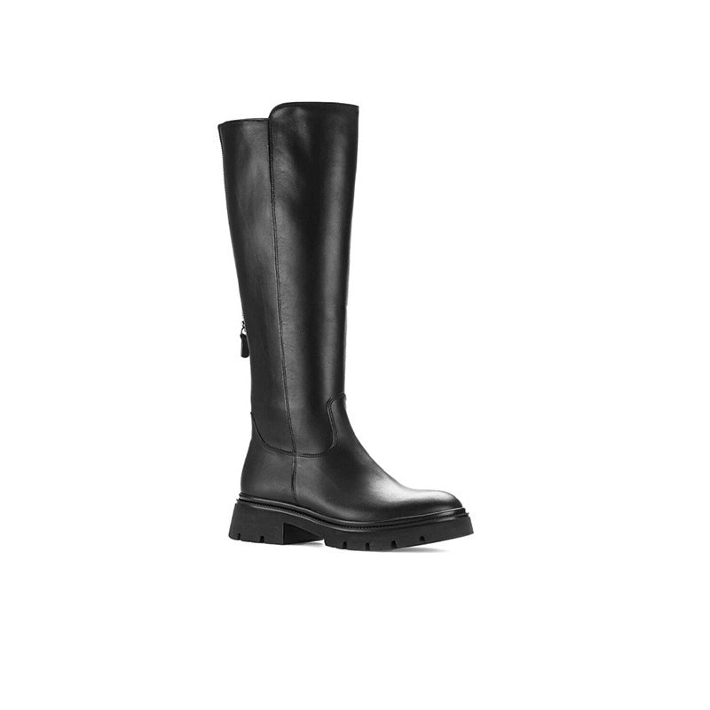 Black leather long boot with low block heel and side pull tab
