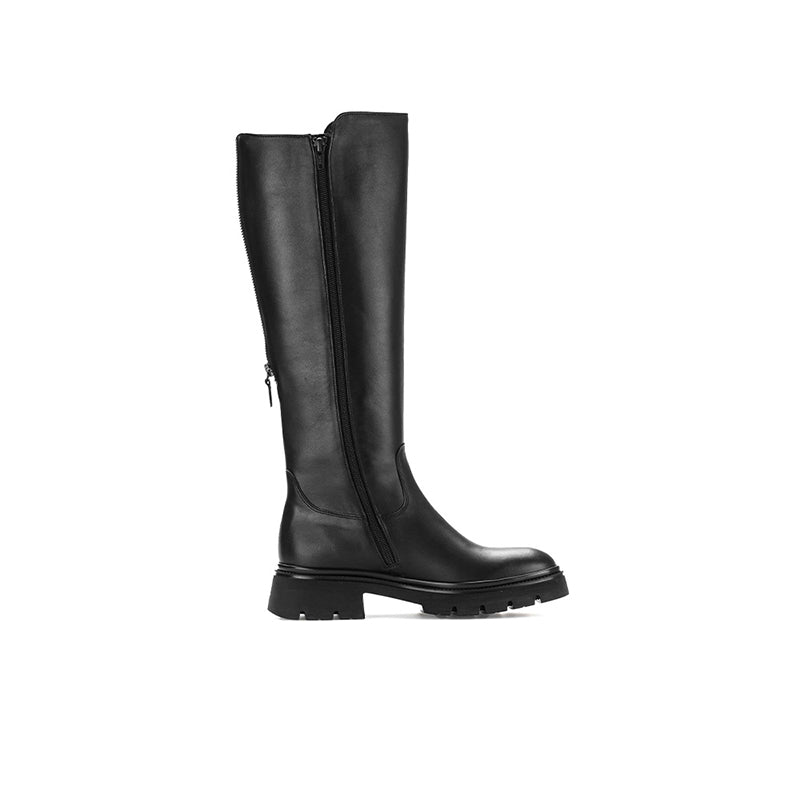 Black leather long boot with side zipper and low block heel