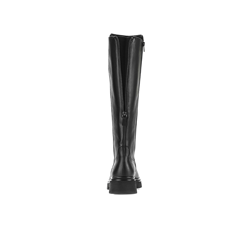 Black leather long boot with back seam and low block heel