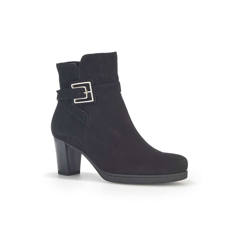 Dark navy suede ankle boots with square buckle strap and block heel