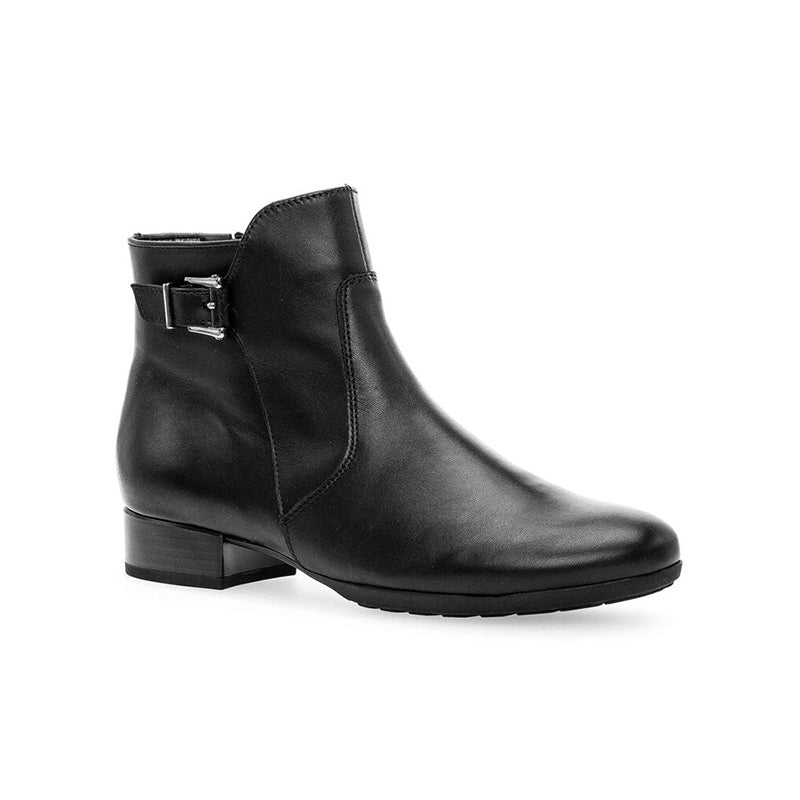 Black leather ankle boot with side buckle and low block heel