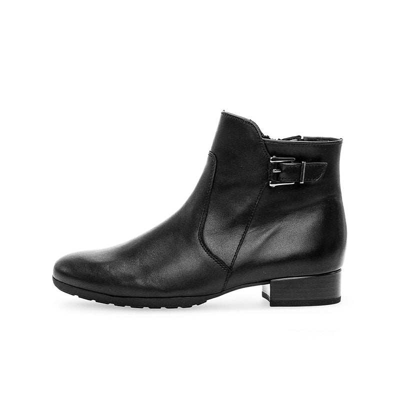 Black leather ankle boot, side view, square-toe and low block heel