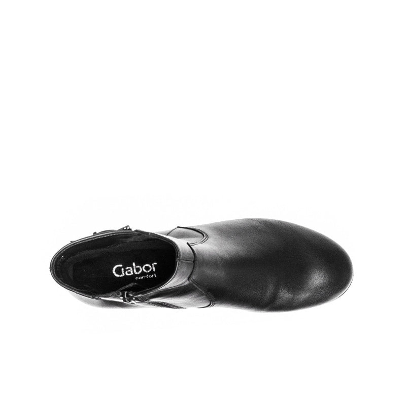 Black leather ankle boot with Gabor logo patch and side buckle