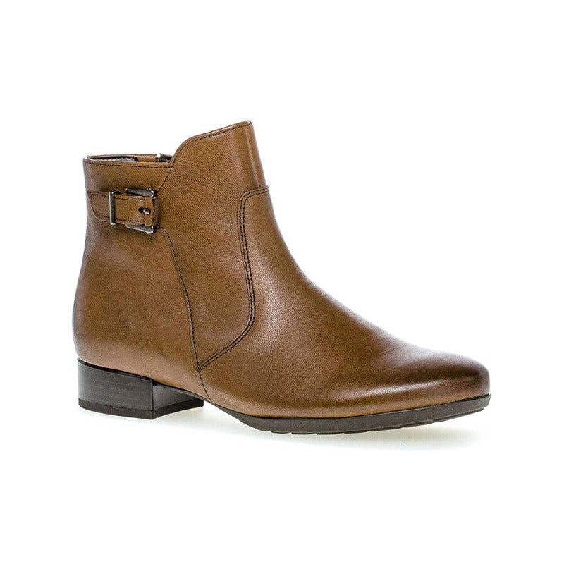 Brown leather ankle boot with side buckle and low block heel