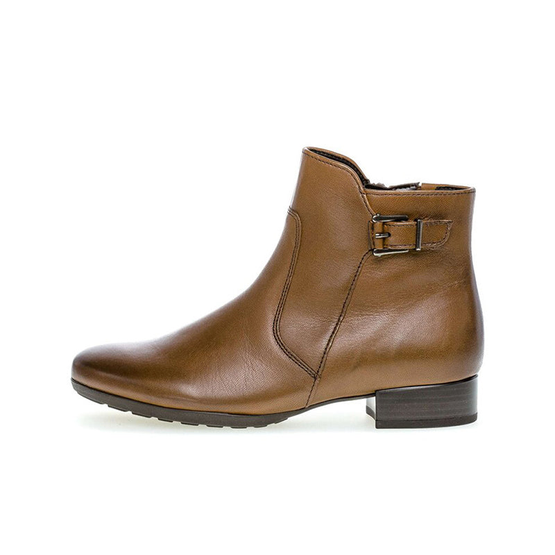 Brown leather ankle boot, side view, square toe and low block heel