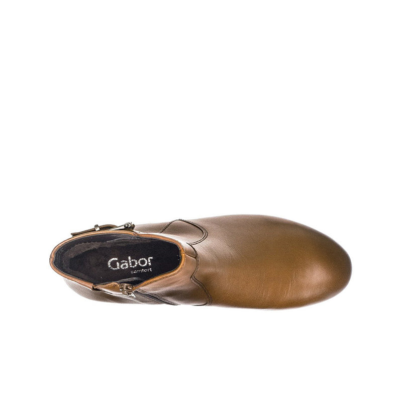 Brown leather ankle boot toe and side buckle, Gabor logo lining