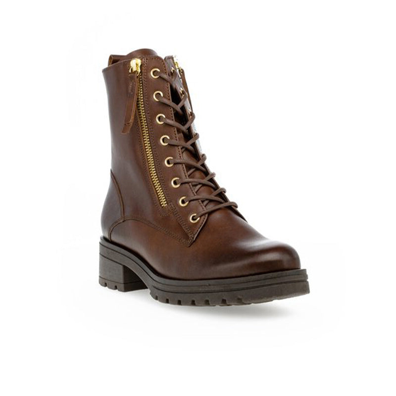 Women’s brown leather ankle boots with lace-up front and side zip detail