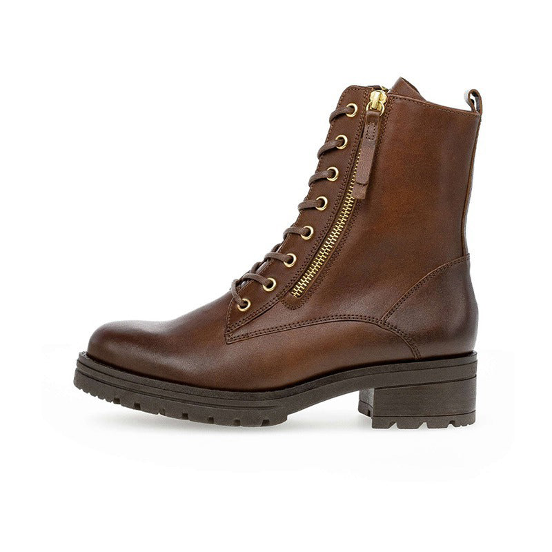 Women’s brown leather lace-up ankle boots with side zipper and block heel