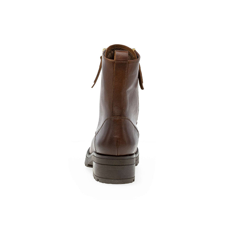 Women’s brown leather ankle boots, rear view with pull tab and stacked heel