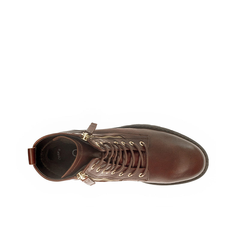 Women’s brown leather ankle boots, top view with lace-up and metal eyelets