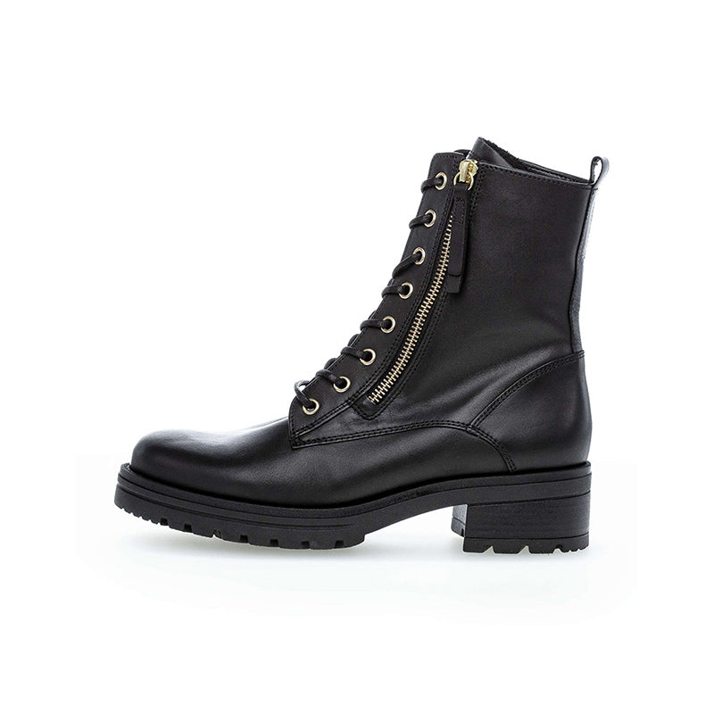 Women’s black leather lace-up ankle boots with side zipper and block heel