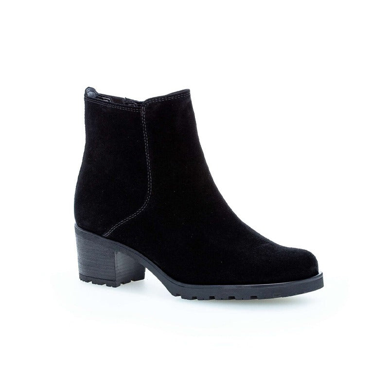 Black suede ankle boots with elastic side panels and block heel