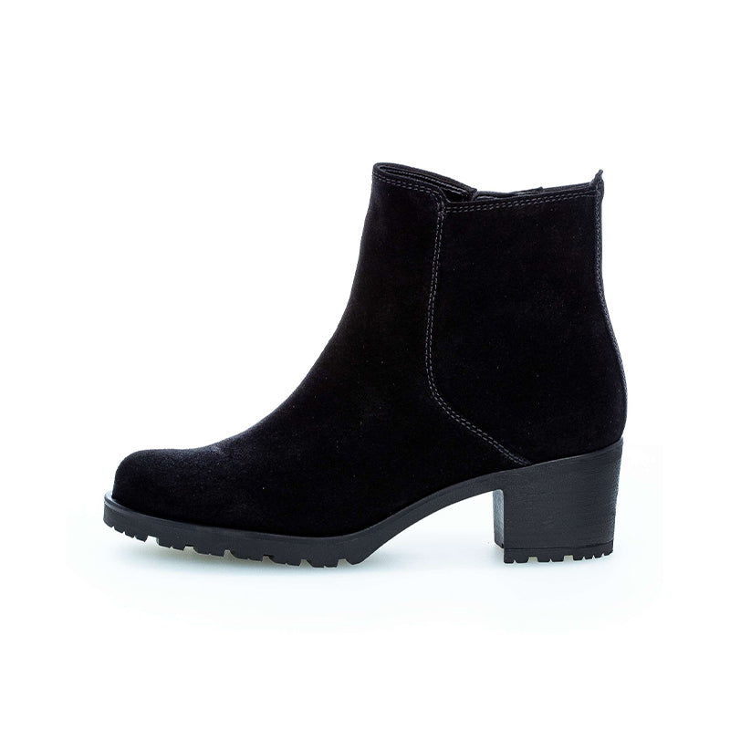 Black suede ankle boots with elastic gore and chunky block heel