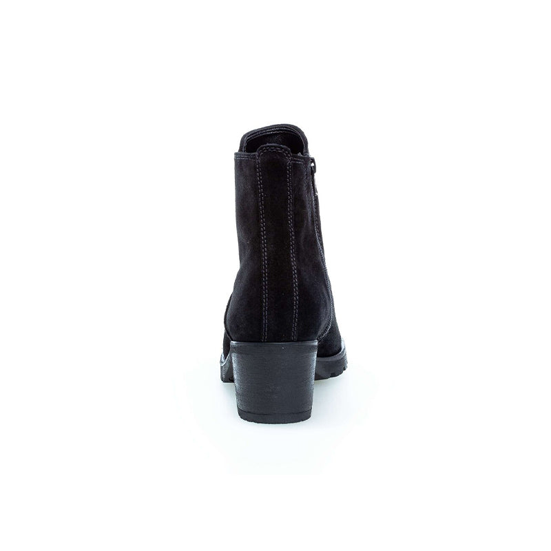 Black suede ankle boots with pull-on heel tab and block heel