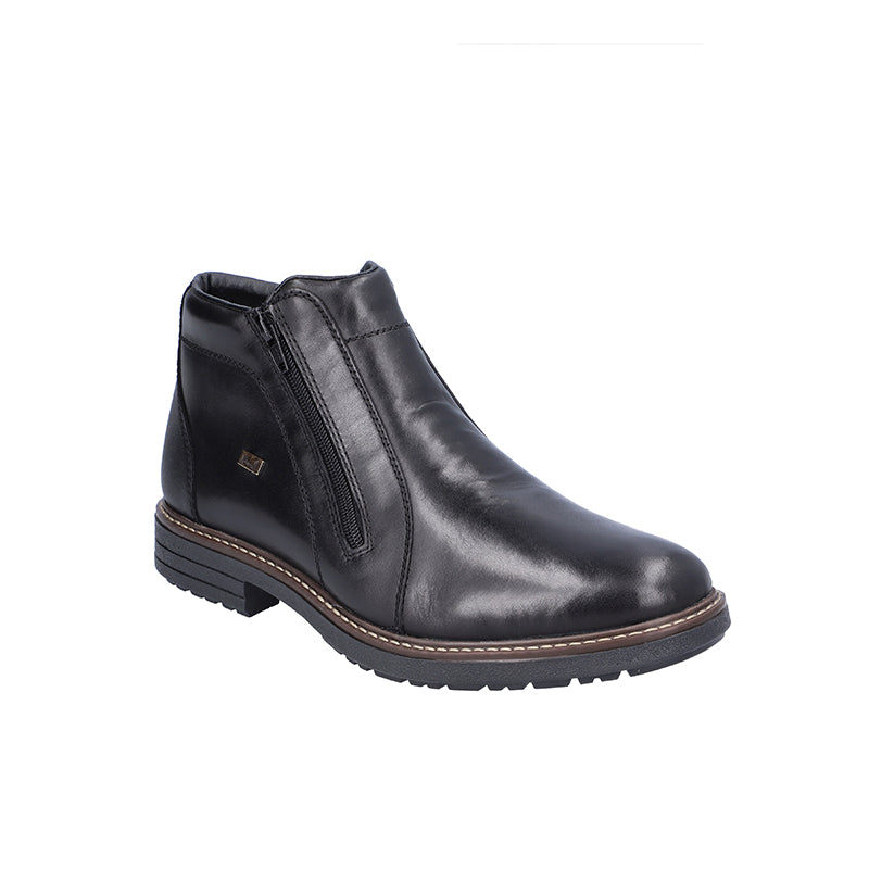 Men's black leather zip casual boots with dark rubber sole and stitched trim