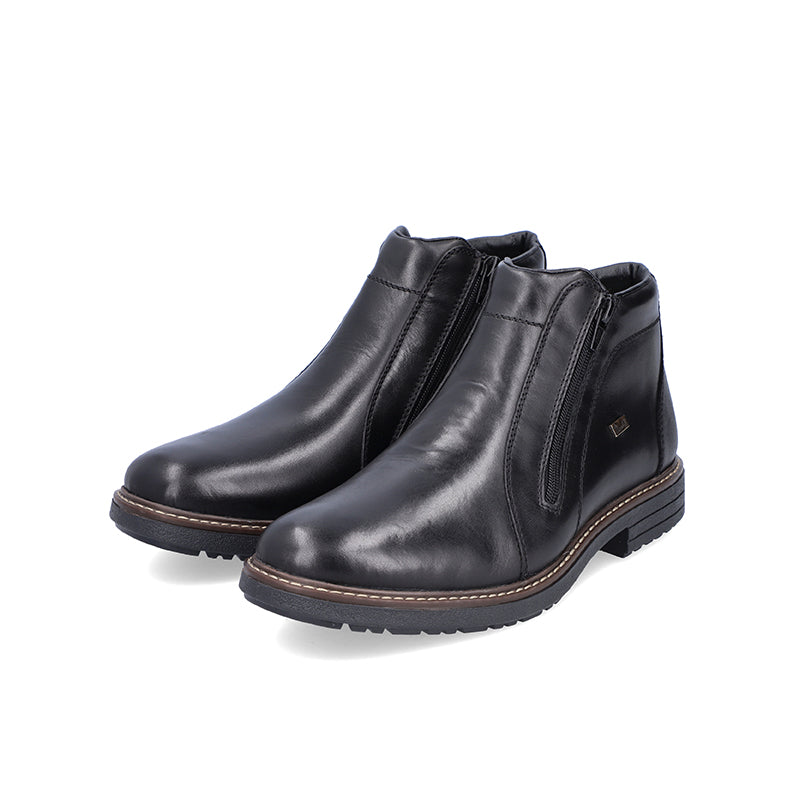 Men's black leather zip ankle boots with low heel and rugged rubber outsole